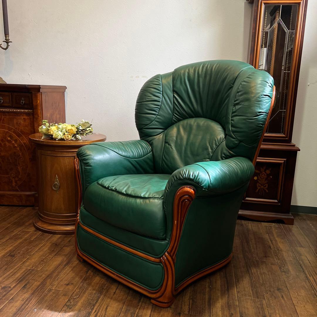 k831r111 イタリア製 グリーンの本革ソファ 1Pソファ 2脚セット