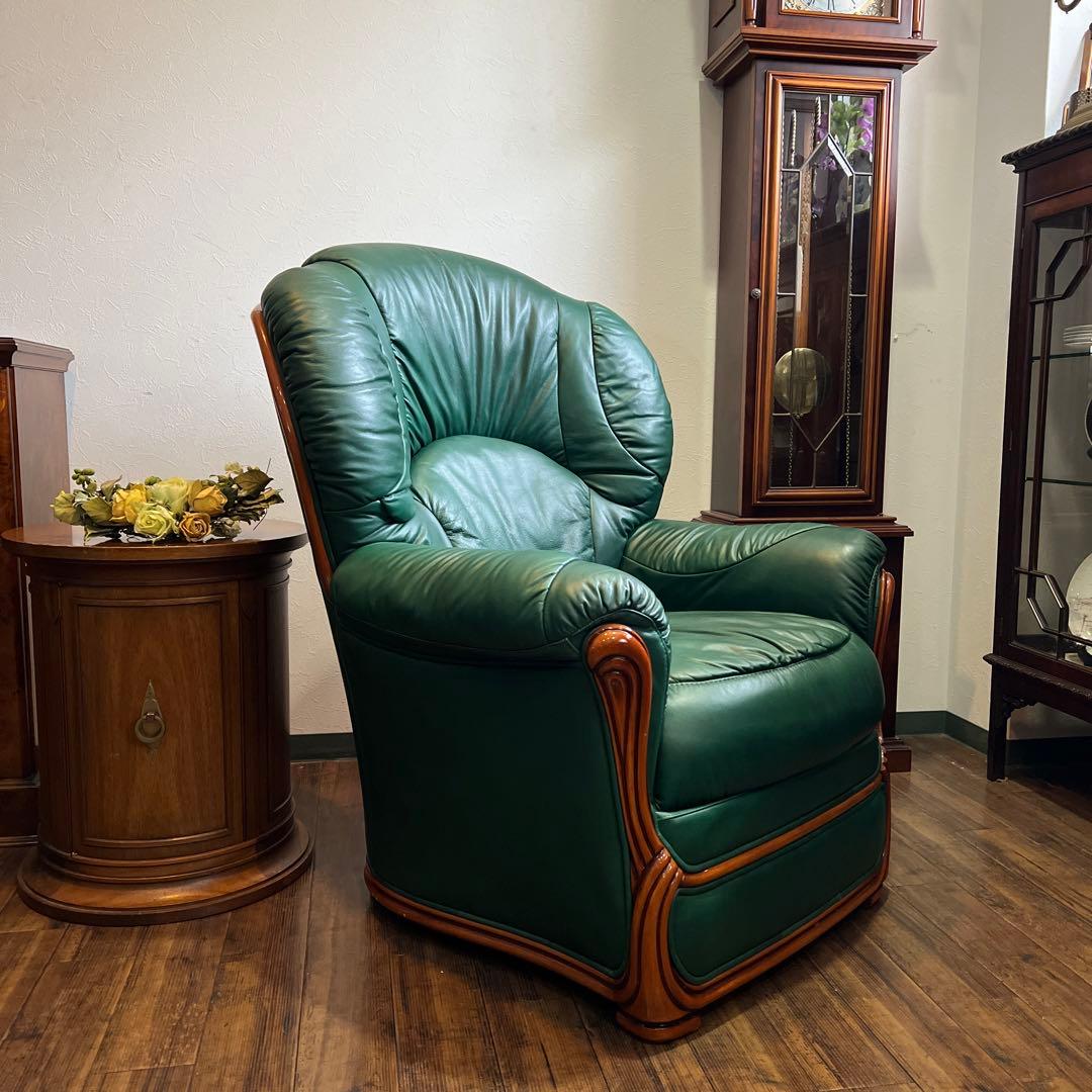 k831r111 イタリア製 グリーンの本革ソファ 1Pソファ 2脚セット