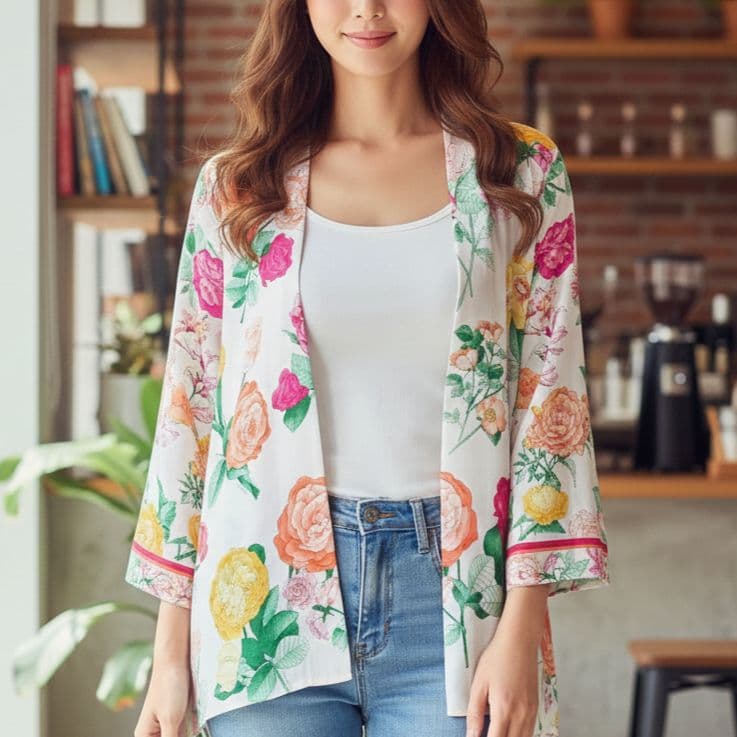 【極美品】レオナールカーディガンはおり総柄花柄 トリム マルチカラー シルク M