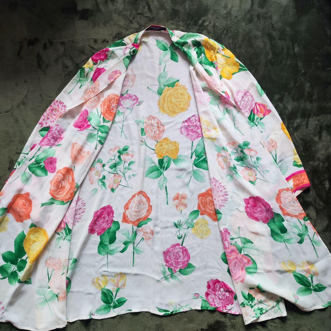 【極美品】レオナールカーディガンはおり総柄花柄 トリム マルチカラー シルク M