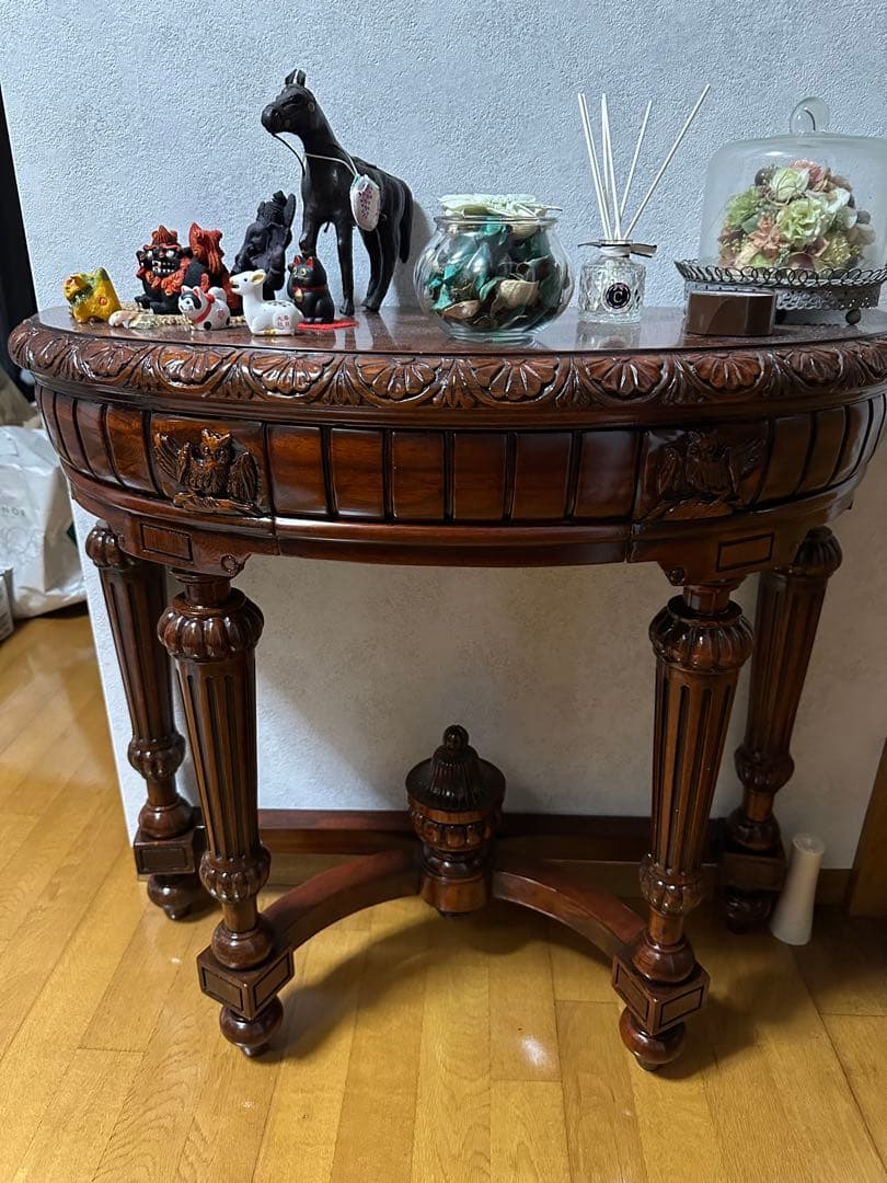 木製彫刻装飾コンソールテーブル 引き出し付き