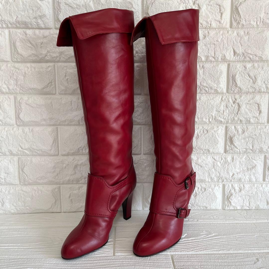 【極美品】Sergio rossiレッド 本革ロング ブーツ 22.5ベルト装飾