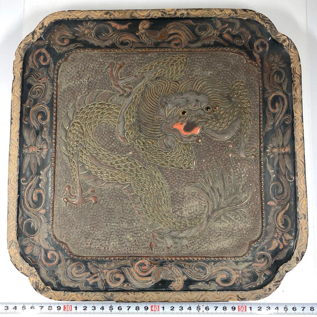 時代　琉球　木彫　盆　33×33㎝　東な7-0304③