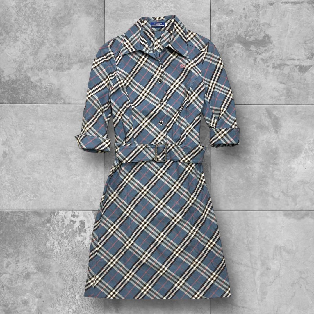 バーバリーブルーレーベルシャツワンピース 38 ブルー ノバチェック ベルト