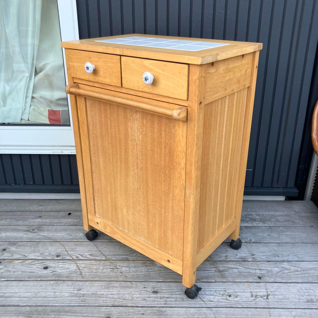 ①北欧レトロ アイリスオーヤマ 木製 タイル張り キッチンワゴン ダストボックス