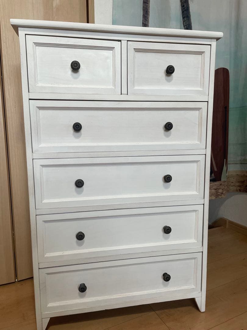 モ*ー様 完成品 アンティーク塗装 天然木 桐製 ワイドチェスト 5段 幅60