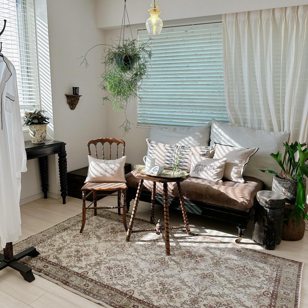 トルコヴィンテージラグ A93 レア クリーム グリーン ブラウン ピンク