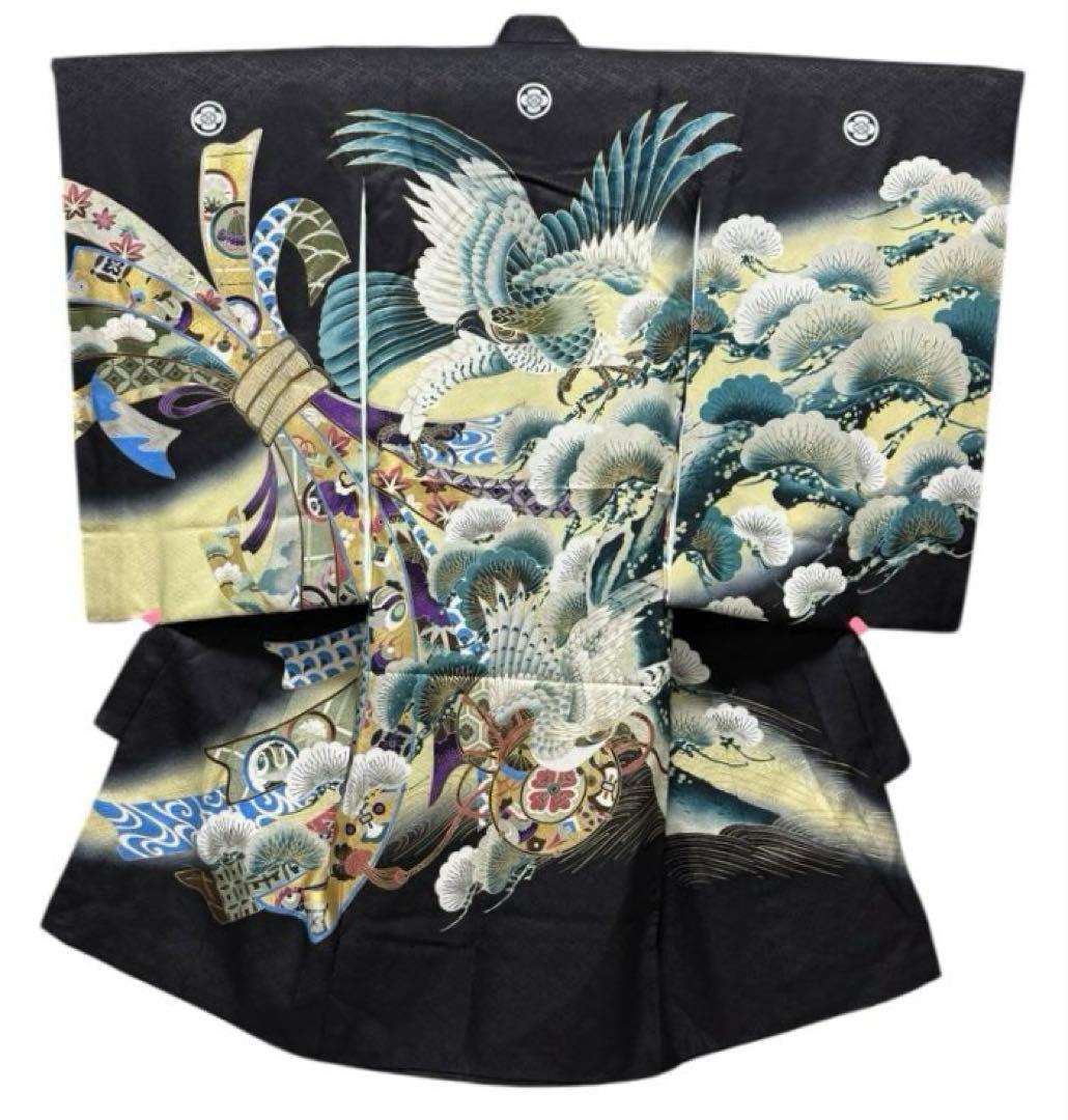 正絹　お宮参り一つ身着物、長襦袢セット　男の子　黒系　鷹柄