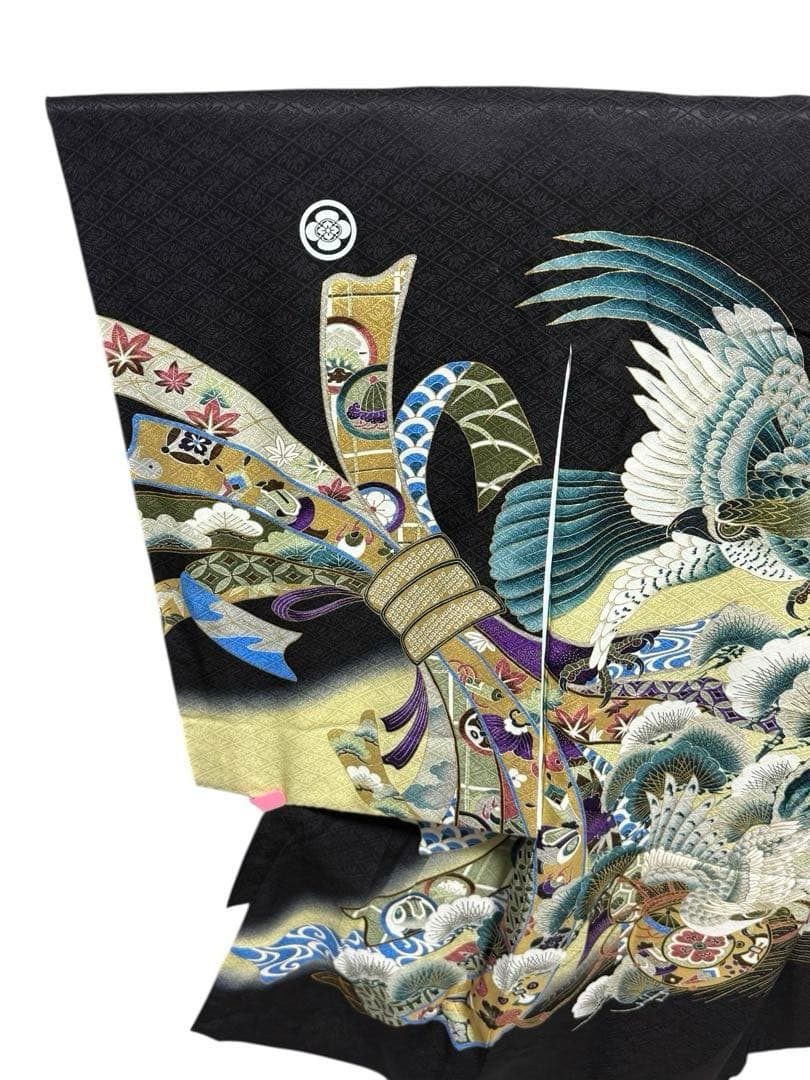 正絹　お宮参り一つ身着物、長襦袢セット　男の子　黒系　鷹柄