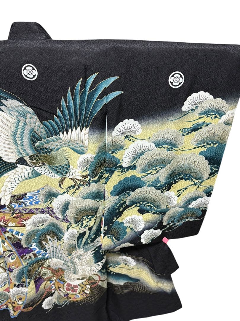 正絹　お宮参り一つ身着物、長襦袢セット　男の子　黒系　鷹柄