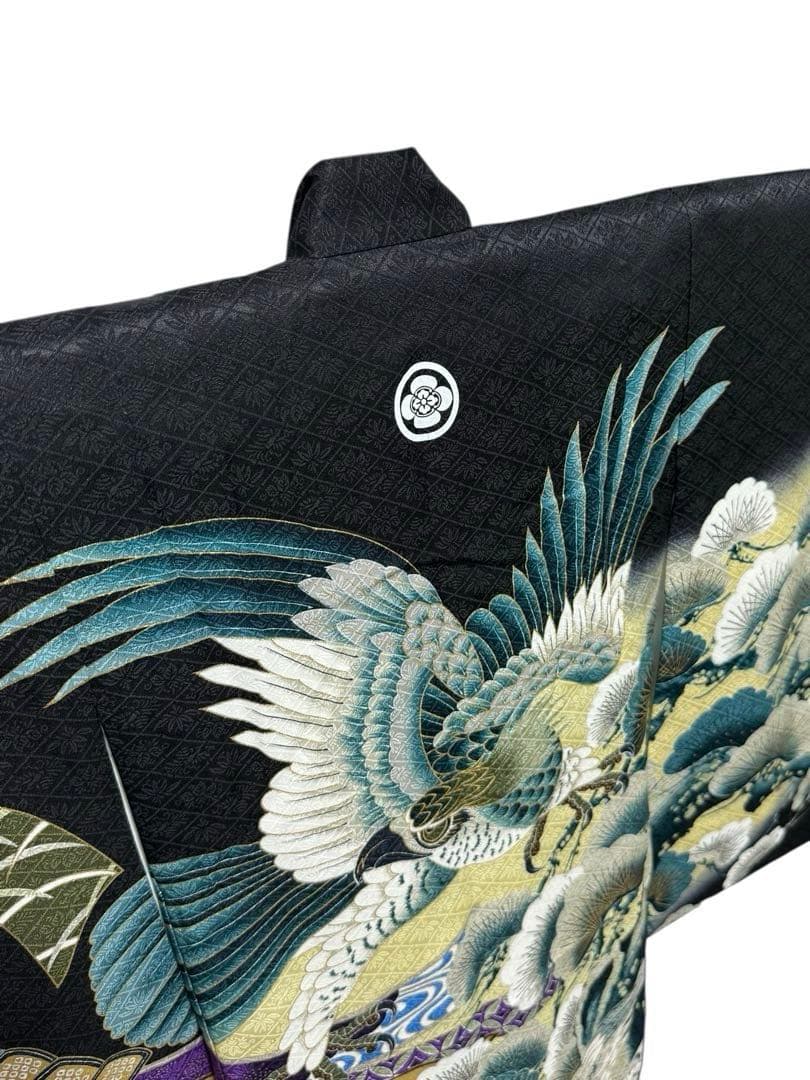 正絹　お宮参り一つ身着物、長襦袢セット　男の子　黒系　鷹柄