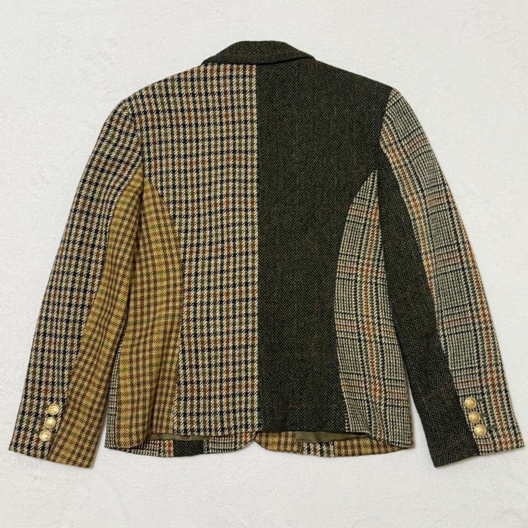 【カネコイサオ】美品テーラードジャケット　異素材　金ボタン　チェック柄　ツイード