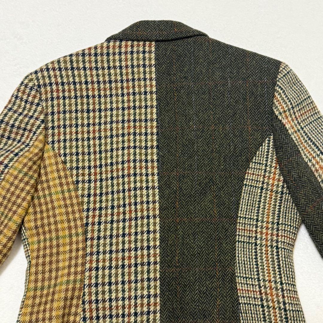 【カネコイサオ】美品テーラードジャケット　異素材　金ボタン　チェック柄　ツイード