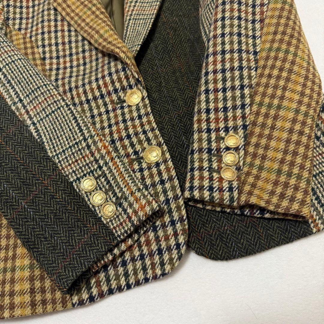 【カネコイサオ】美品テーラードジャケット　異素材　金ボタン　チェック柄　ツイード