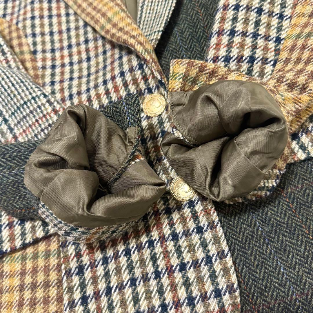 【カネコイサオ】美品テーラードジャケット　異素材　金ボタン　チェック柄　ツイード