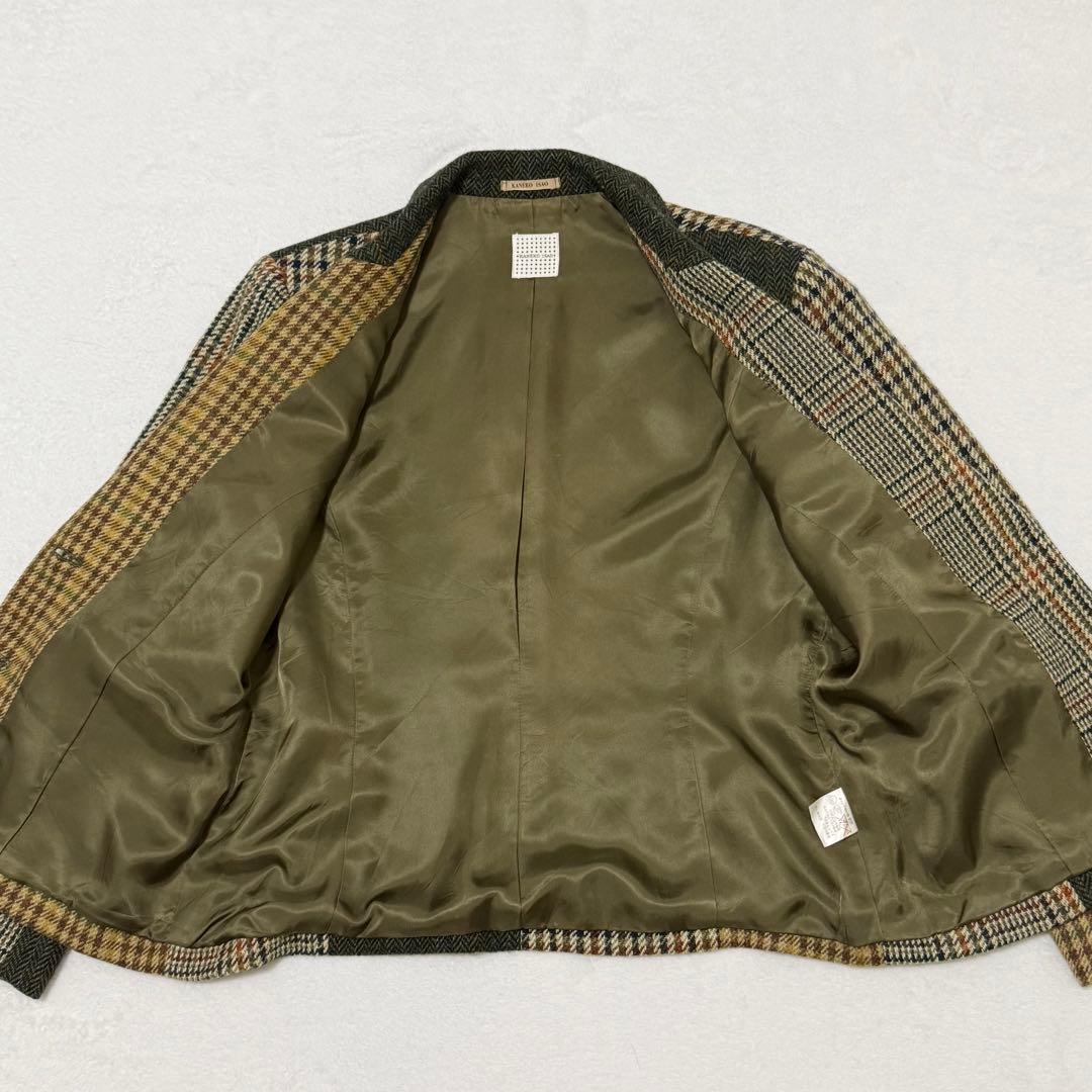 【カネコイサオ】美品テーラードジャケット　異素材　金ボタン　チェック柄　ツイード