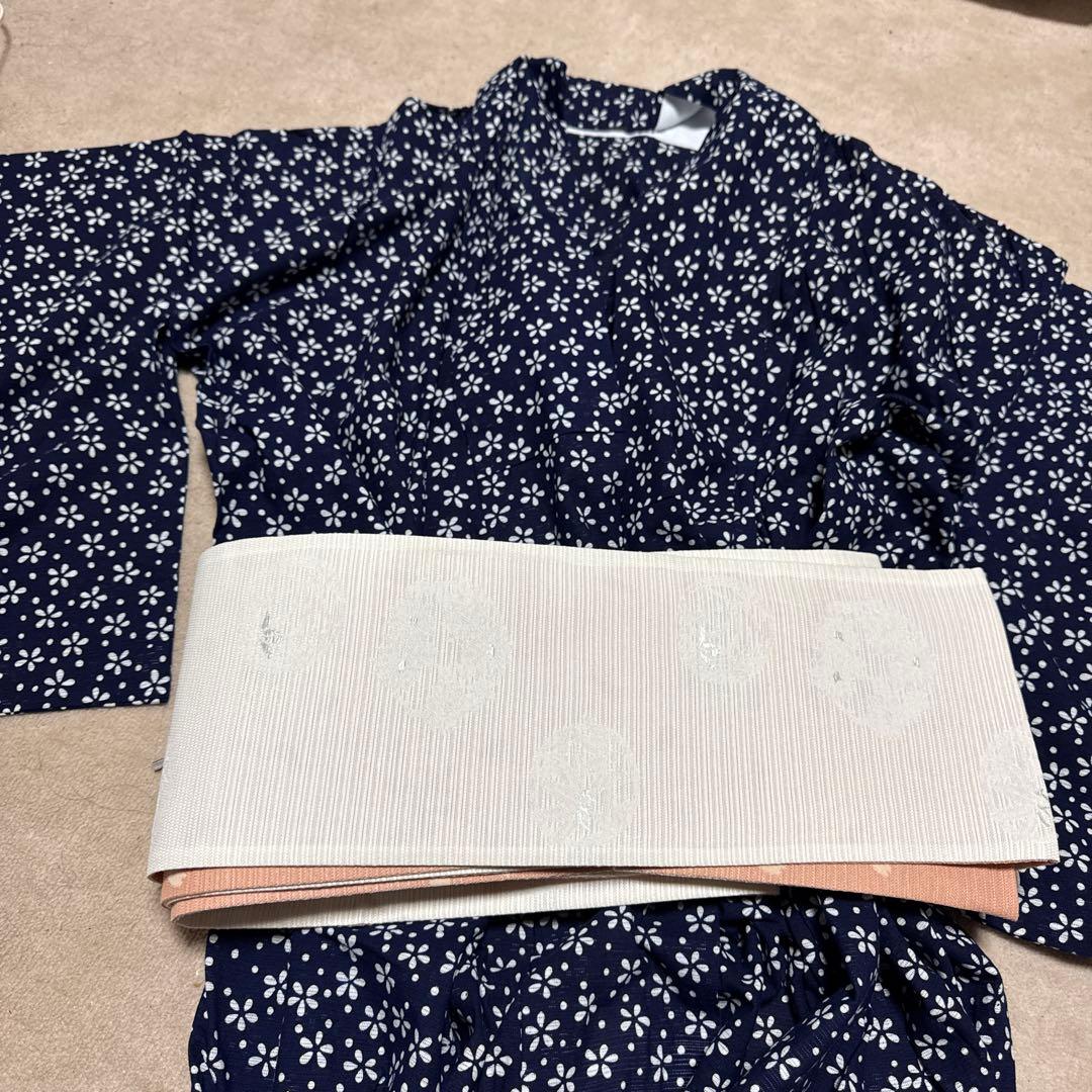 綿絽　夏着物　小紋着物セット 紺色花柄豪華7点セット