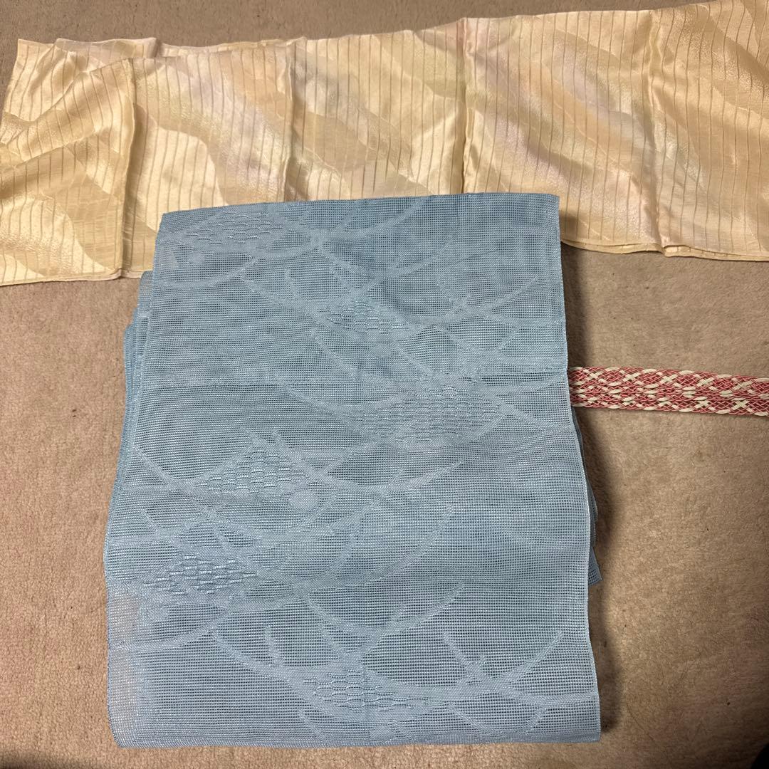 綿絽　夏着物　小紋着物セット 紺色花柄豪華7点セット