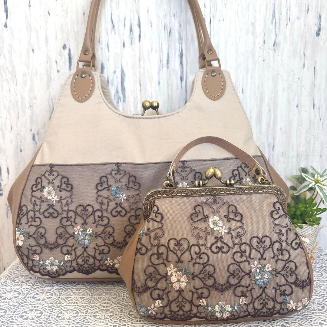 あおりがま口バッグ&がま口ポーチセット　アンティーク花柄レース　ハンドメイド