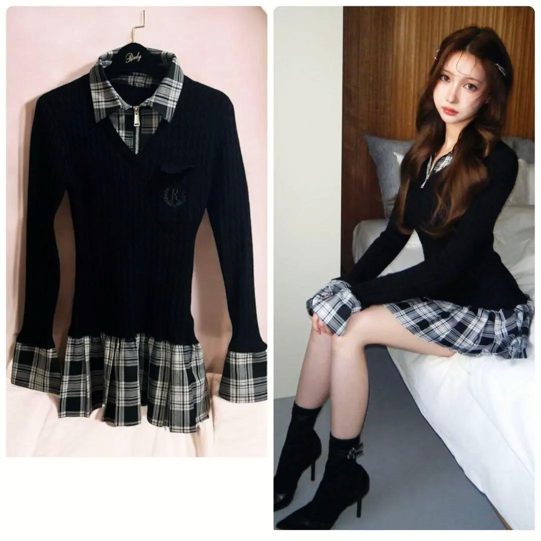 randy カービーニットチェックドッキングワンピース FS ブラック