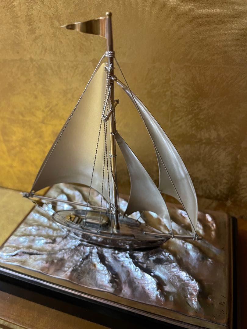 銀製 宝船 置物 ガラス シルバー　ヨット 帆船 銀製 アンティーク