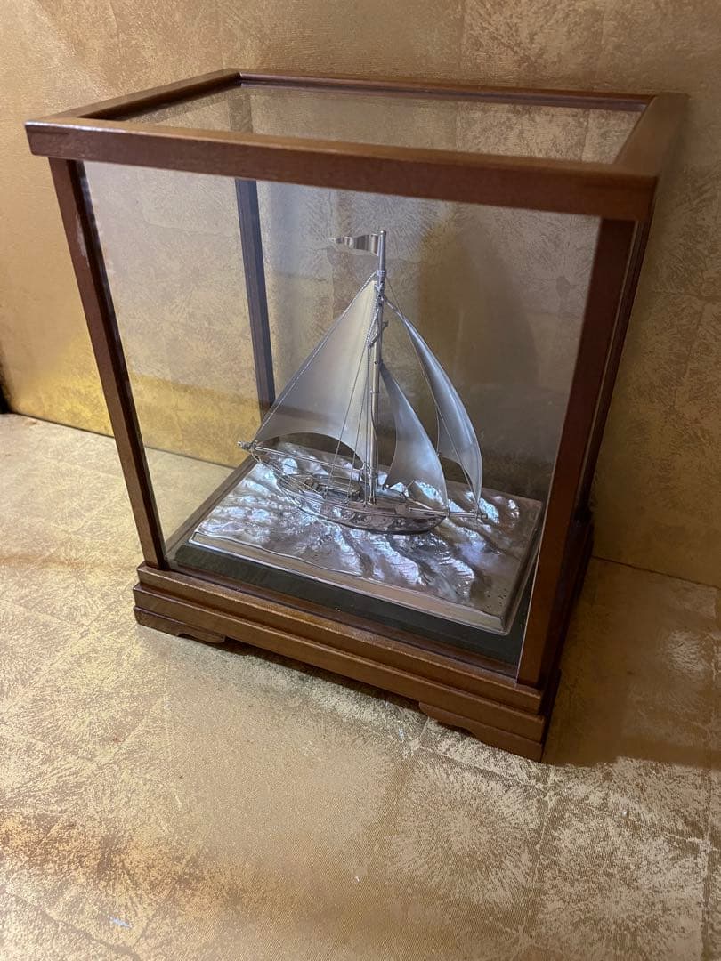 銀製 宝船 置物 ガラス シルバー　ヨット 帆船 銀製 アンティーク