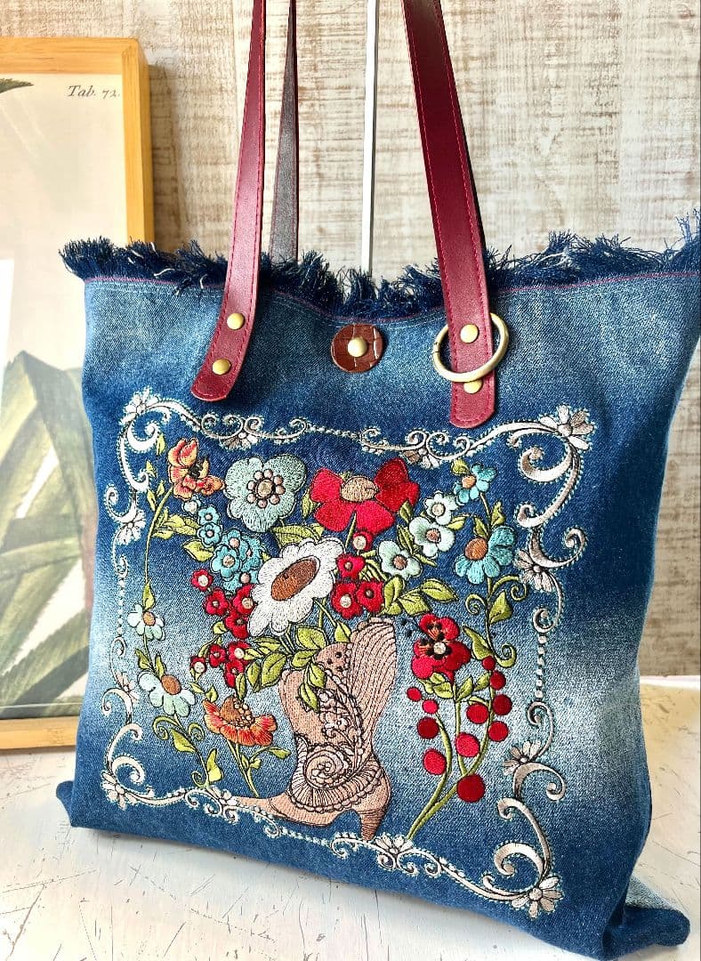 ロラライハリス♡ブルーグラデデニム♡刺繍の本革持ち手のフリンジ肩掛けバッグ