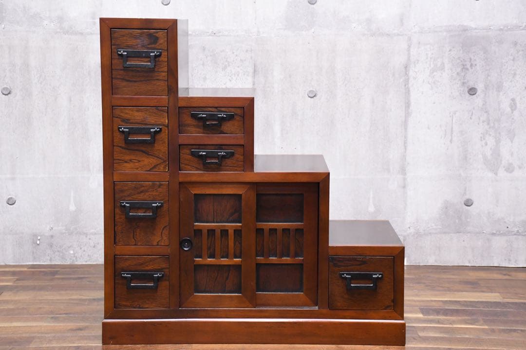 DLK113 民芸家具調 階段箪笥 4段 両面タイプ 階段タンス 抽斗 和モダン