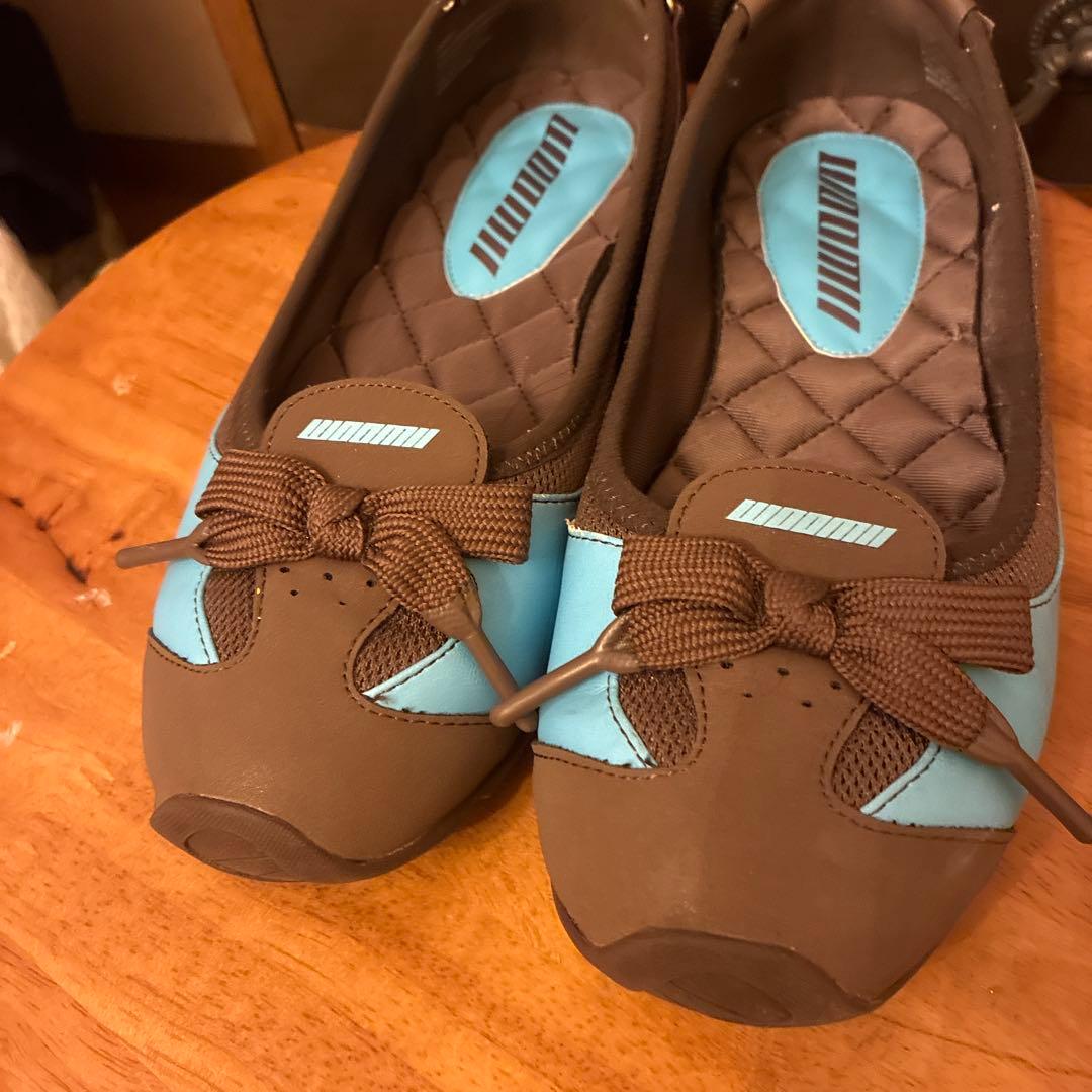 woomiiリボン付きブラウンブルーフラットシューズ