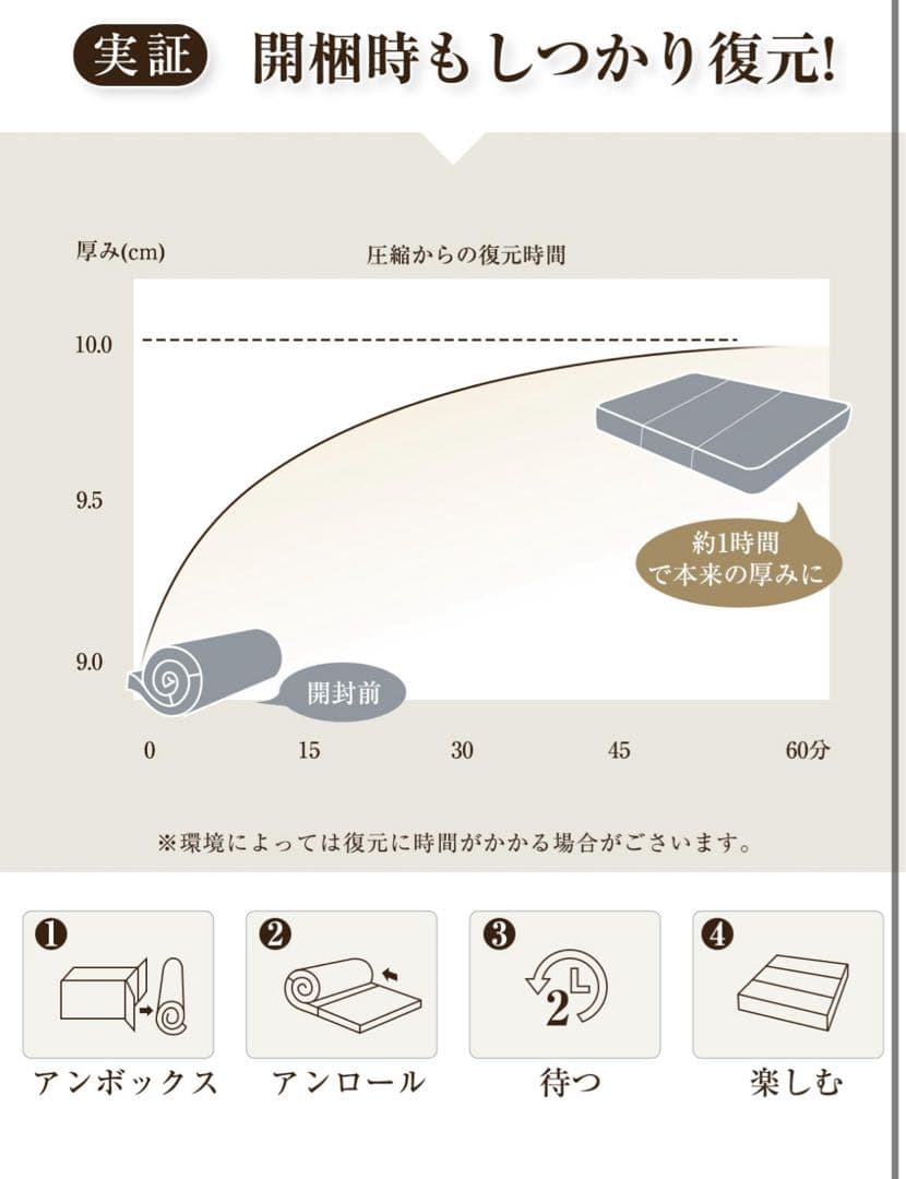 1点限り　三つ折りマットレス ダブル　厚み10cm 190N ブラウン