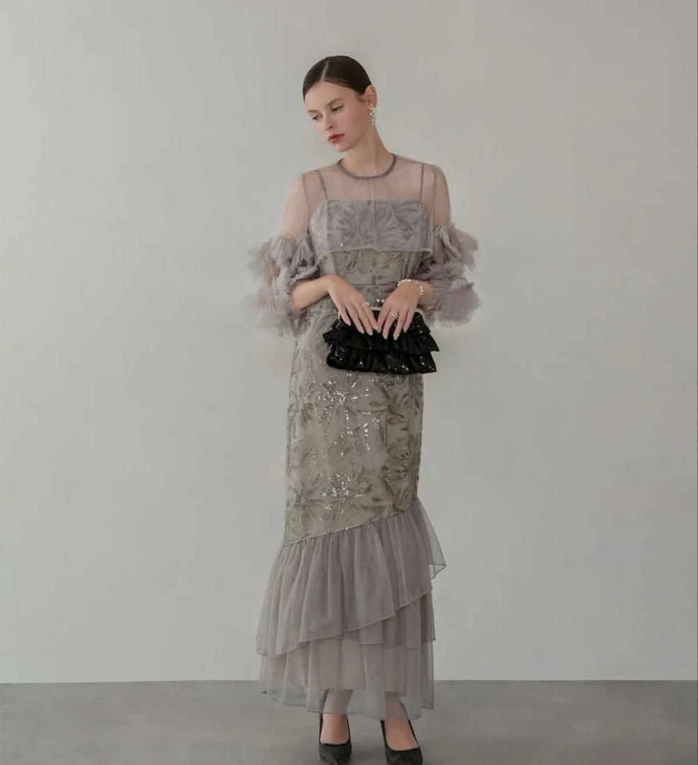 leja フラワースパンコールチュールフリルスリーブIラインワンピースドレス